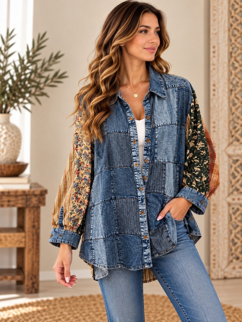 600. Bohemian Patchwork Denim Button-Down Shirt With Plaid Soft Back